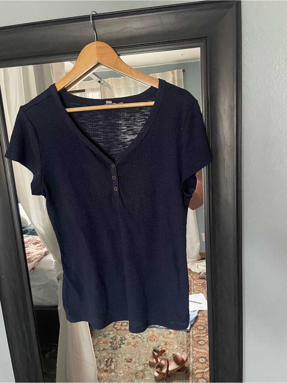 No Boundaries Navy Short Sleeve Ribbed Henley Top